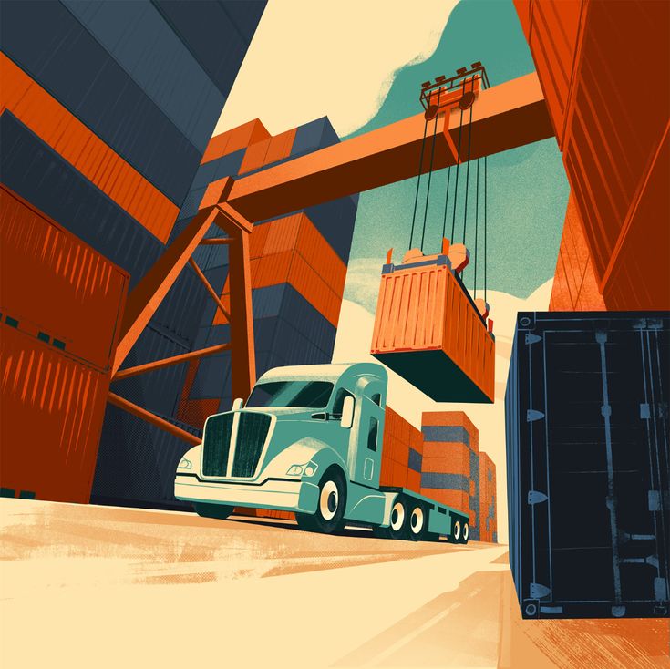 Illustrated container yard with a truck for the RUS Logistics contact page