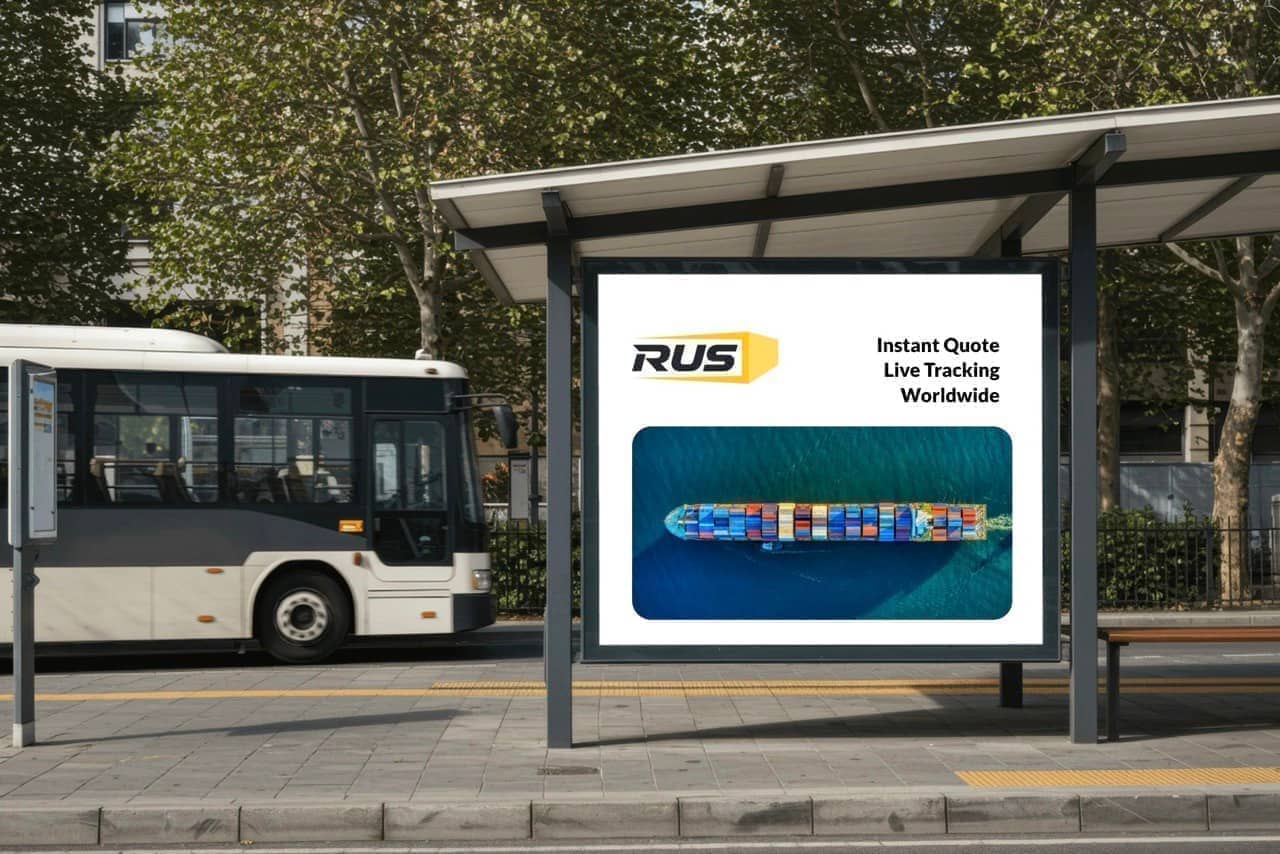 RUS Logistics billboard promoting instant quotes and live tracking
